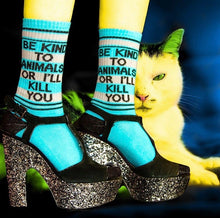 Load image into Gallery viewer, Gumball Poodle - Be Kind to Animals or I'll Kill You Gym Crew Socks
