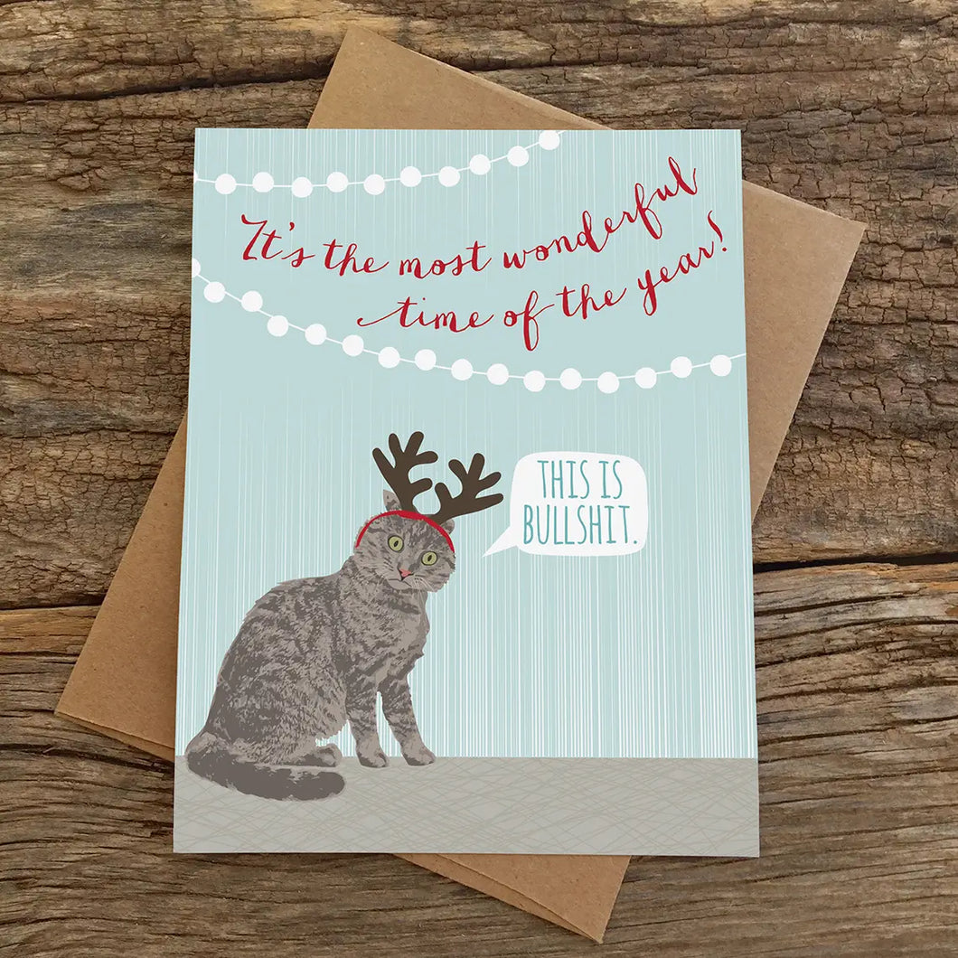 Wonderful Time Cat Antlers Holiday Card