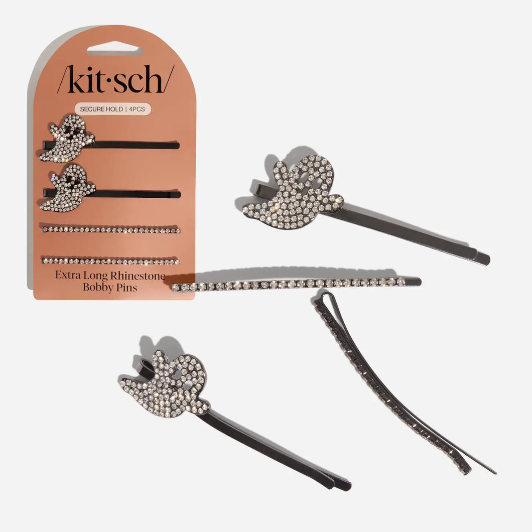 Kitsch - Extra Long Metal Rhinestone Bobby Pins 4pc Set - Ghost