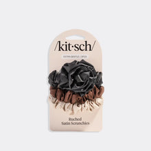 Load image into Gallery viewer, Kitsch - Rosette Ruched Satin Scrunchies 3pc Set - Black
