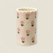 Load image into Gallery viewer, Hazel Mazel Stoneware Vase w/ Pink Flowers | Scalloped Edge
