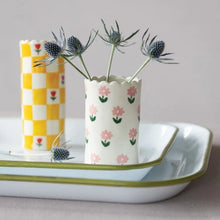 Load image into Gallery viewer, Hazel Mazel Stoneware Vase w/ Pink Flowers | Scalloped Edge
