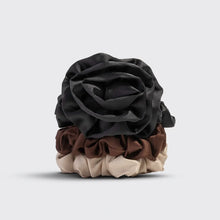Load image into Gallery viewer, Kitsch - Rosette Ruched Satin Scrunchies 3pc Set - Black
