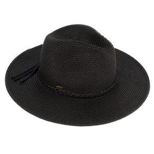 C.C Wide Brim Hat With Faux Leather Tassel Band - Black