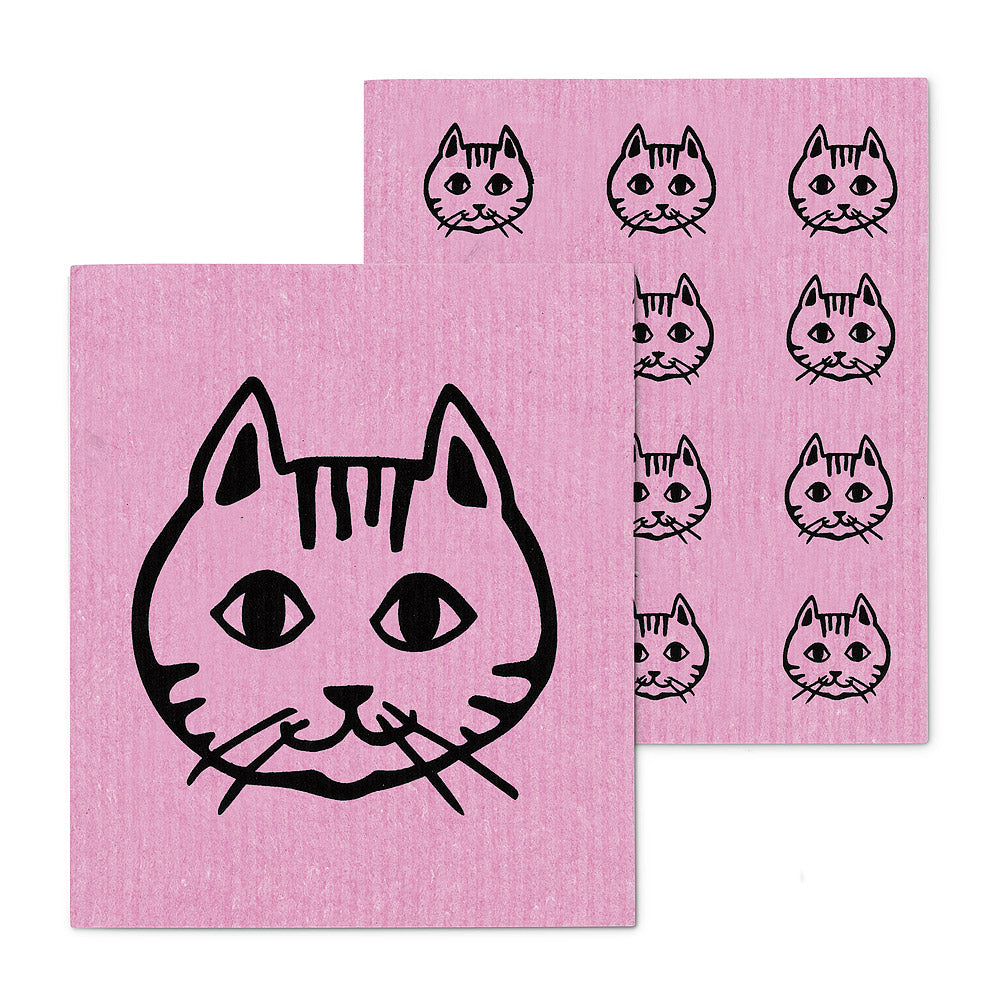 Pink Cat Face Dishcloths. Set of 2