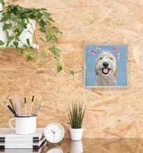 Load image into Gallery viewer, Green Box Art Happy Dog - Light Blue Mini Framed Canvas
