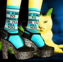 Load image into Gallery viewer, Gumball Poodle - Be Kind to Animals or I&#39;ll Kill You Gym Crew Socks
